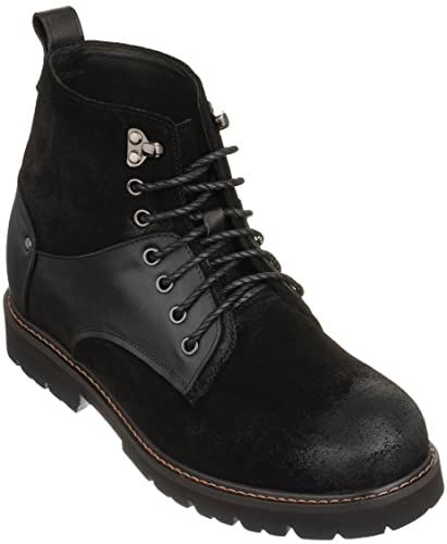 Image of CALTO Men's Invisible Height Increasing Elevator Shoes - Black Nubuck Distressed Leather Round-Toe Lace-up Ankle Boots - 3.3 Inches Taller - K8701 - Size 10.5 D(M) US