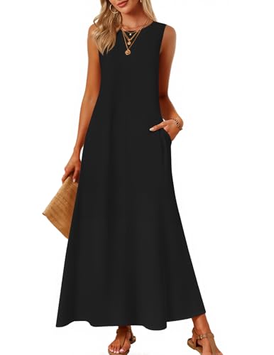 MEROKEETY Women's 2026 Summer Maxi Dress Sleeveless Crewneck Casual Loose Beach Vacation Basic Long Sundress,Black,Large