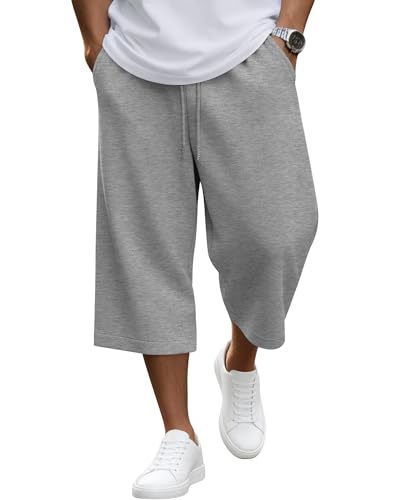 Velvelhall Mens Capri Pant Baggy Below Knee Summer Sweat Shorts Elastic Waist Athletic Casual Drawstring Pocketed 3/4 Pants(Light Gray Large)