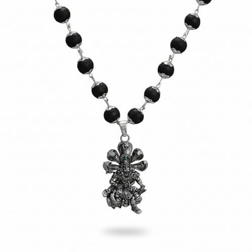Image of Japam Silver Karungali Necklace with Lord Narasimha Pendant | Black Wood Spiritual Mala for Men | Puja & Meditation | Certificate of Authenticity
