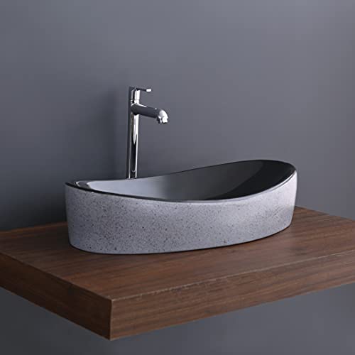 Kemjo Ceramic Wash Basin | With Accessories | 26.37 x 13.77 x 5.90 Inch | Table Top | Designer | WT-Latina-001 (Gray Black)