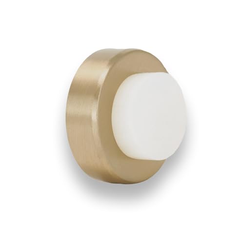 EVI Herrajes | Wall-Mounted Door Stop | 1.38 x 0.71 | Golden Brass | Adhesive or Screw Installation | White Rubber | Anti-Impact Cushion | for Handles | 2 Installation Modes | 04025435BTPMLMT.