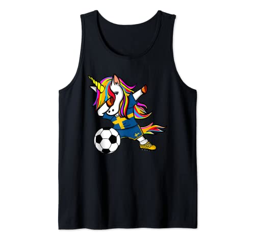 Funny Dabbing Unicorn Sweden Football - Swedish Flag Soccer Tank Top, Black