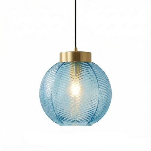 LFsem Lampada a Sospensione Vintage,Sfere in Vetro con Venature Fogliari, Metallo Oro E27 Lampadario Sospeso da Soffitto per Camera da letto, Sala da pranzo, Loft e Ristoranti (Blu, 20cm)