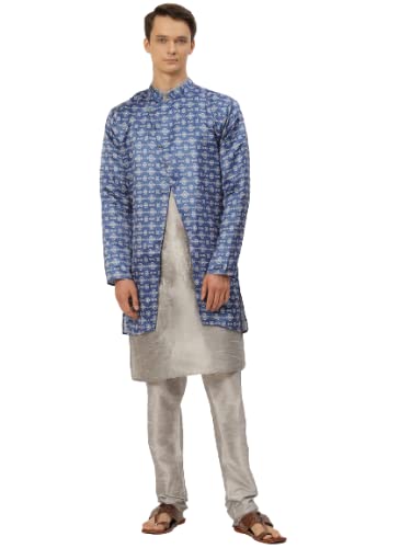 Image of SOJANYA (Since 1958, Men's Silk Blend Grey Kurta Pyjama & Silk Blend Jacket Combo