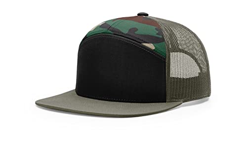 The Hat Pros Richardson 168 Hi-Pro 7 Panel Flat Bill Adjustable Snapback Trucker Mesh Back Cap, OSFM, Bulk Pack Available, Black/Green Camo/Loden