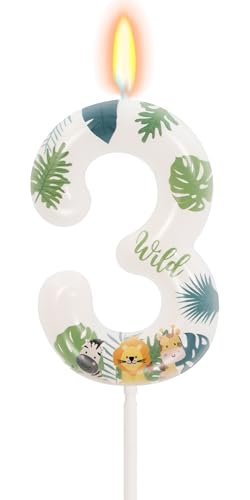 FAMGift Wild Animal Number 3 Candle for Boys Girls Young Wild and Three Birthday Decorations 3rd Birthday Decorations for Boy Girl Jungle Safari Theme Party Supplies