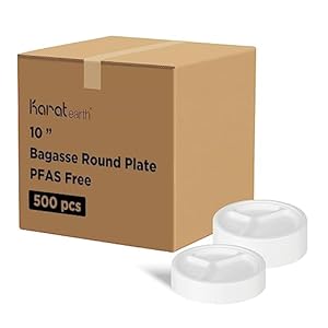 KARAT EARTH Bagasse Compostable Plates – Biodegradable, Natural, Microwaveable-Safe, PFAS-Free, 10-Inch, 3 Compartments – Case of 500, KE-BPR010-3CFF