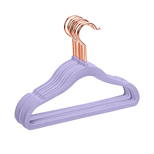Image of MIZGI Premium Kids Velvet Hangers (Pack of 50) with Copper/Rose Gold Hooks,Space Saving Ultra Thin,Non Slip Baby Hangers for Children's Skirt Dress Pants,Clothes Hangers(Light Purple)
