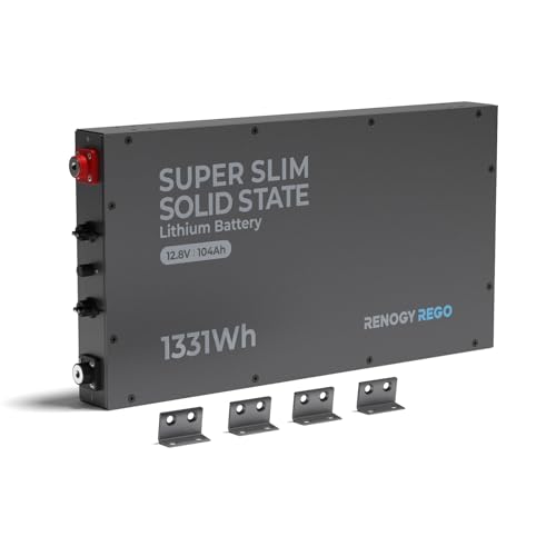 RENOGY REGO Lithium Battery 12V 104Ah LiFePO4 Solid State Battery 60+ BMS 6000+ Cycles Life 80% DOD Super Slim 22.8x11.4x2.4 Lightweight IP67 for RV Marine Off-Grid. Home Backup Energy