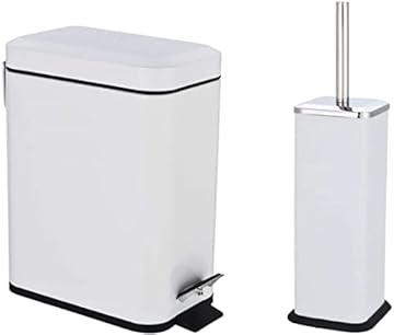 FINE STAR 5L Slim Pedal Bin Square Toilet Brush Holder Bathroom Set Rectangular Removable Bucket Trash Recycling Bin (White 5 L Bin + Brush Holder)
