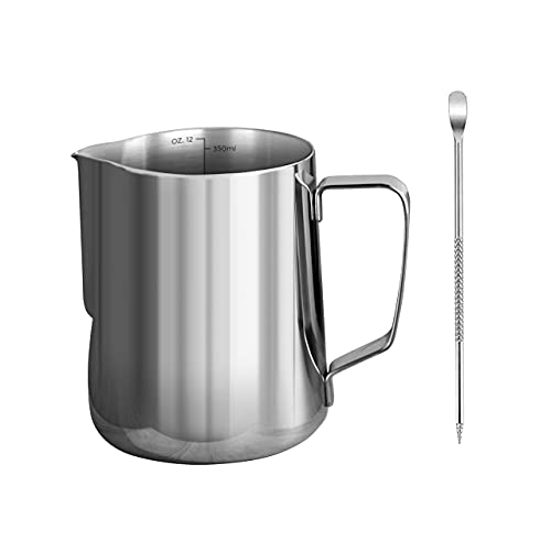 Milk Frothing Pitcher Espresso Coffee Pitcher Measuring 12 oz,304 Stainless Steel Espresso Steaming Pitcher Creamer Pitcher with Art Deco Pen(12OZ)