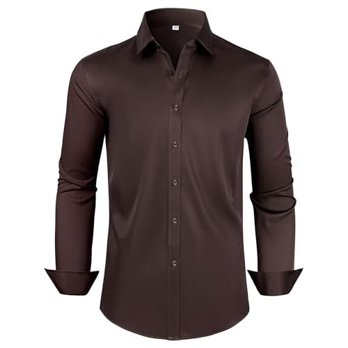 Mens Dress Shirts Long Sleeve Collared Shirt Wrinkle Resistant Formal Shirts Business Casual Button Down Shirt Medium Tall 00105_dark Brown