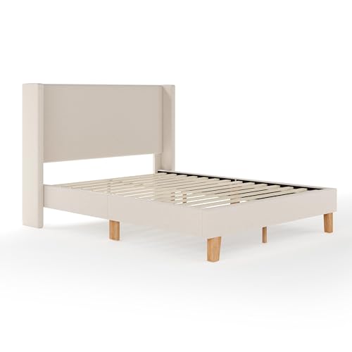 Image of Martha Stewart Maisie Queen Wingback Upholstered Platform Bed, Beige