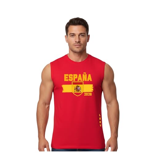 LOKYWEAR Camiseta sin Mangas para Hombre, España Mundial 2026, 100% Algodón, Roja (FR/ES, Letras, L, Regular, Regular, Rojo)