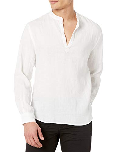 Perry Ellis Men’s Long Sleeve Solid Linen Popover Shirt, Bright White, X-Large