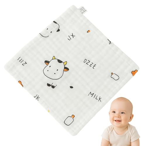 Toalla Gasa para Bebe, Toallitas de algodón para bebé, Toallitas de Muselina para bebé, Muselinas Bebe Algodón, 6 Capas de absorción, 100% algodón, 25 x 25 cm, Diseño Estampado Vaca