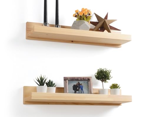 Image of Wooden Floating Wall Shelf for Home Decor | Solid Pine Wood Wall Mounted Shelf for Living Room, Bedroom & Office (Set of 2)