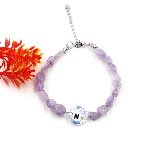 Image of Uloveido Purple Natural Stone and Austrian Crystal Letter Bracelet, Personalized Initial Jewelry for Women A-Z 26 Letters