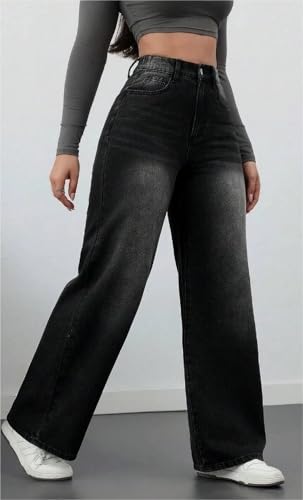 Image of Women's High Waist Baggy Wide Leg Jeans for Women - Loose Fit Washed Black Denim Pants with Straight Palazzo Style, Relaxed Streetwear Korean Trousers
