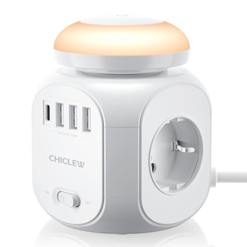 CHICLEW Regletas Enchufes Proteccion Sobretension, Cubo Enchufes con USB 8 IN 1, Enchufe Multiple con 4 Tomas y 3 USB y 1 USB-C, Ladron Enchufes con Luz Nocturna el Hogar Oficina y Viajes, Cable 1.8M