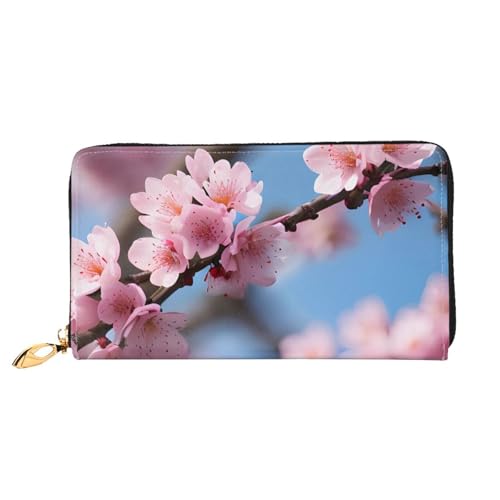 Portefeuille long cuir femme motif fleur de cerisier grand porte-carte à clip
