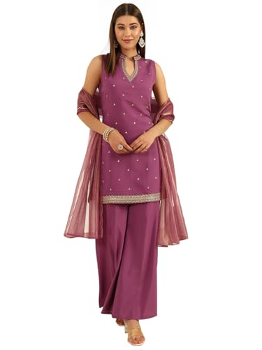 Image of FIORRA Women's Lavender Viscose Chanderi Straight Kurta with Palazzo and Dupatta