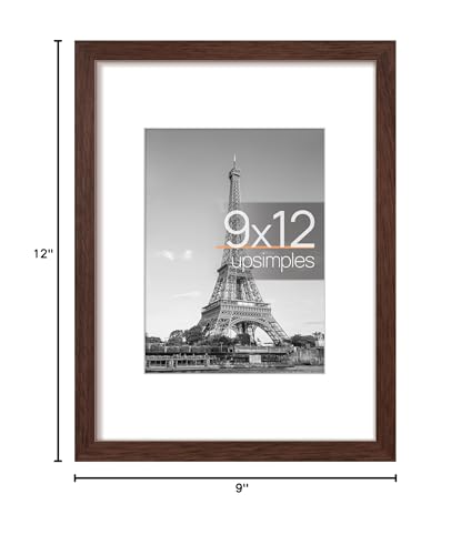 Image of upsimples 9x12 Picture Frame, Display Pictures 6x8 with Mat or 9 x 12 Without, Wall Hanging Photo Frames, Brown, 1 Pack