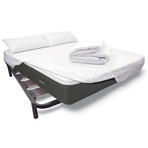 Duérmete Online - Pack Cama Completa Total con Colchón Duo Reversible + Somier Reforzado + Sábana Protectora Ajustable Tencel + Relleno Nórdico + Almohada 105 x 190