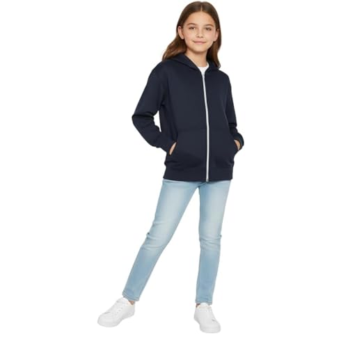 HUBIBUBI Solid Full-Zip Hoodie – Soft Fleece Kids Sweatshirt Jacket for Boys & Girls – Essential Hooded Outerwear with Pockets for Comfort & School (UK, Age, 13 Years, Regular, Navy)