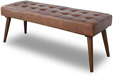 ASHCROFT Benji 47" Mid-Century Genuine Leather Bench, Modern Rectangular Tufted Upholstered Bench for Kitchen Living Room Bedroom Entryway, End of Bed Bench with Teak Wood Leg, Cognac Tan