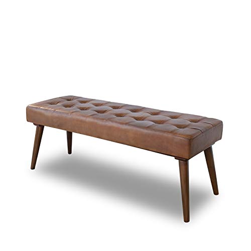 ASHCROFT Benji 47" Mid-Century Genuine Leather Bench, Modern Rectangular Tufted Upholstered Bench for Kitchen Living Room Bedroom Entryway, End of Bed Bench with Teak Wood Leg, Cognac Tan
