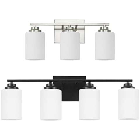 ASLAINY 3-Light Brushed Nickel Bathroom Lighting Fixtures Over Mirror and 4-Light Black Bathroom Vanity Light Cover