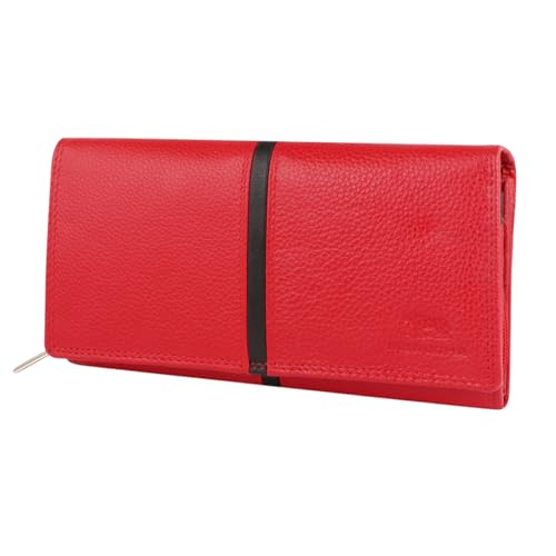 MORUCHA Purse For Women | Genuine Leather RFID Blocking | High Capacity Stylish Flap Over Long Purse Wallet With Zipped Pocket | Designed For Up To 10 Cards, Coins And Cash (Black Red) M-15