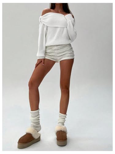 Image of GORGLITTER Women's Off The Shoulder Sweater Lantern Sleeve Ribbed Knit Trendy Pullover Tops White Small