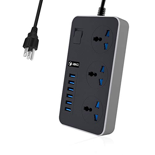 Universal Power Strips with USB Slots 3 Way Outlets 6 USB Plug Slots Surge Protected Switch with 2M Wall Plug Adapter Extension Cord with Fuse and Shutter Extension Lead(Black Gray)
