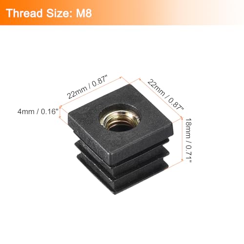 Image of uxcell 4Pcs Inserts for Square Tubes with M8-1.25mm Thread, for 0.87 inchx0.87 inch OD Square Tube, Black Plastic Plug Caster Insert Chair End Caps Furniture