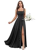FUGYLIRU Women's Chiffon Square Neck Sleeveless Maxi Dress with High Slit Lace-Up Back Bridesmaid Wedding Guest Gown Black