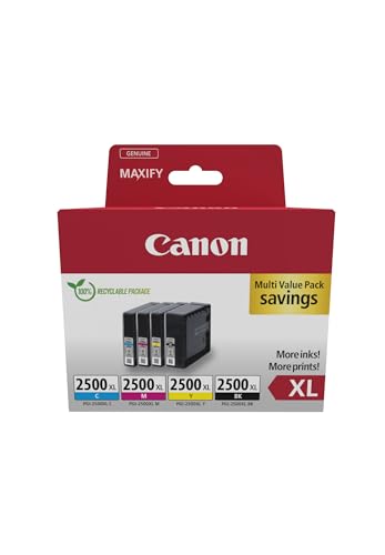 Canon PGI 2500XL, Cartuchos de Tinta Original, Multipack, 4 Cartuchos de Tinta Independientes, Color Negro, Magenta, Cian, Amarillo, Compatible con Impresoras de Inyección de Tinta MAXIFY