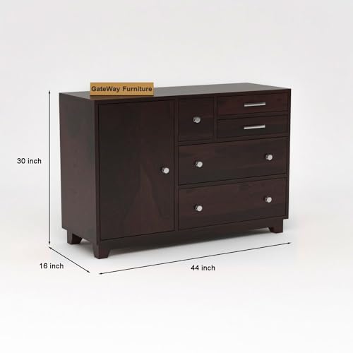 Image of GateWay Furniture Sheesham Wooden Chest of Drawers Wooden Sideboard Storage Cabinet for Living Room - 1 Door & 4 Drawers | Buffet Cabinet Kitchen Storage Chest of Drawer for Bedroom (Nathan Walnut1)