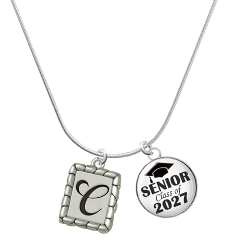 Delight Jewelry Silver Plated Pebble Border Initial - C - Senior Class of 2027 Dome Necklace, 18"