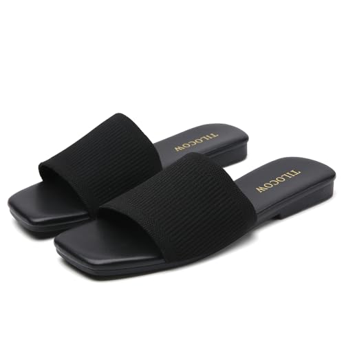 Tilocow Knitted Flat Sandals For women Square Open Toe Slide Sandals Casual Summer Shoes3