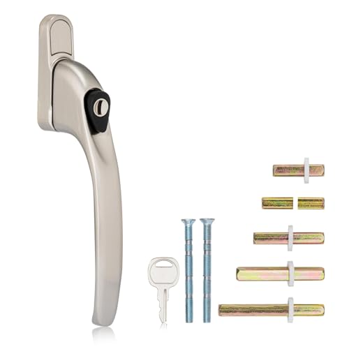 XFORT Kit de instalación de manija de ventana en línea con bloqueo de llave en cromo satinado, reemplazo de manija de ventana de UPVC, palanca de ventana con cerradura