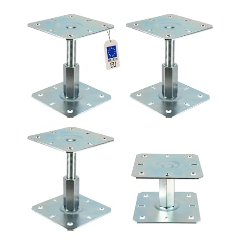 4 embases pied de poteau réglables - Platine 130x130mm - M20 - Acier galvanisé à chaud - Ht100 à 150 mm - Fabrication Européenne
