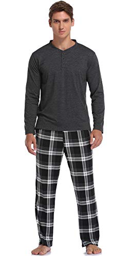 Vlazom Men's Long Sleeve Pajama Sets Pjs Sets Solid Tee and Plaid Pant Set S-XXL