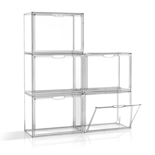 Image of Clear Acrylic Display Case, Stackable Plastic Storage Bins with Lids, Large Display Box with Magnetic Lid Clear Storage Container Dustproof Showcase for Collectibles, Figures, 5 Pack
