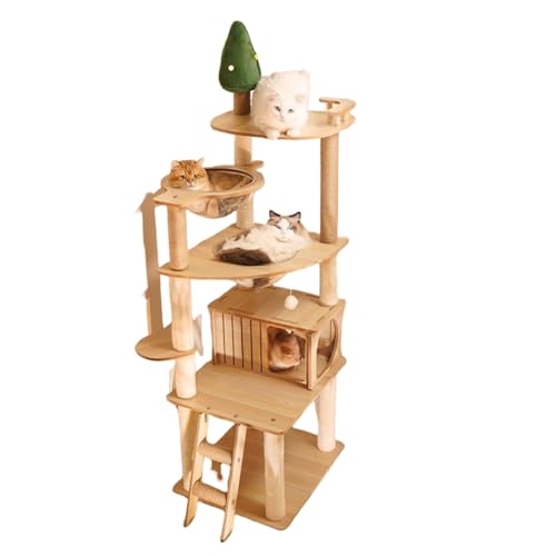 Ohrin キャットタワー 木製 スリム 宇宙船型 厚板材で高安定性 大型猫/多頭飼い対応 キャットハウス付き つめとぎ機能 運動不足解消 おしゃれデザイン 据え置き式 (D)