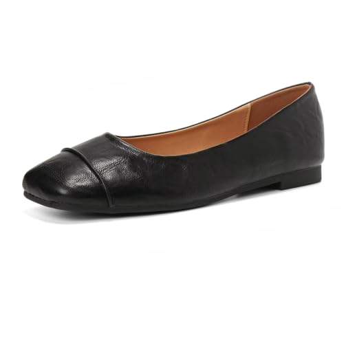 ChaiRong Zhou Women Square Toe Pu Leather Flats Slip on Casual Dress Office Driving Shoes