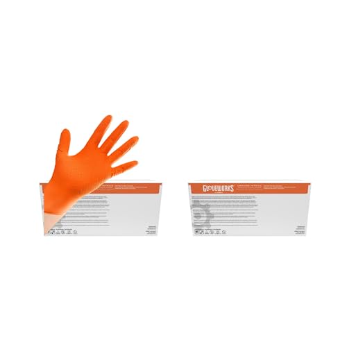 Image of GLOVEWORKS Orange Nitrile Work Gloves, 8 Mil Disposable Heavy Duty, Raised Diamond Grip Mechanic Glove Medium 2 Cases of 1000