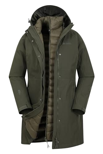 Mountain Warehouse Alaskan 3-in-1 Damen Winter Mantel - Lange, wasserdichte Winterjacke, Warme Steppjacke Innenjacke mit Reißverschluss & Kapuze Khaki Damengröße EU 44